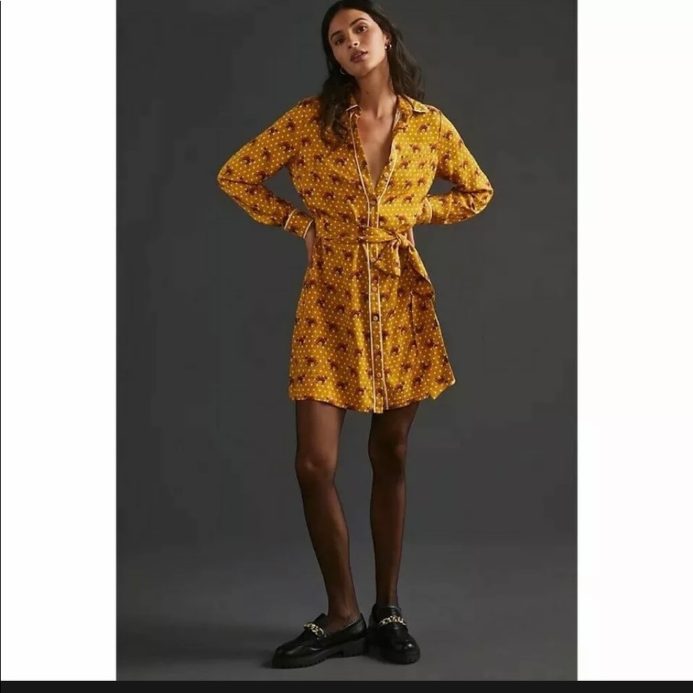 Anthropologie fox print Forest Friends Mini Dress By in Gold unique rare